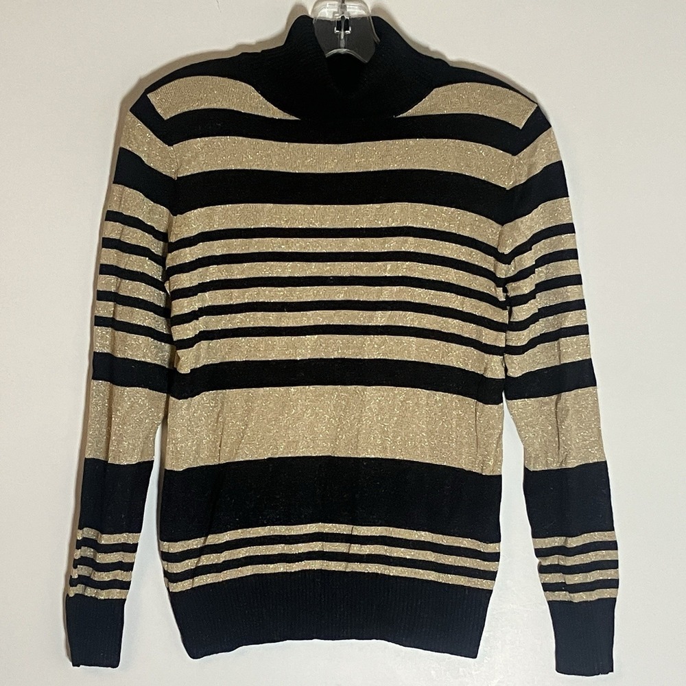 Joseph A. Sweater Womens Petite Medium Black Gold Stripe Turtleneck Metallic PM